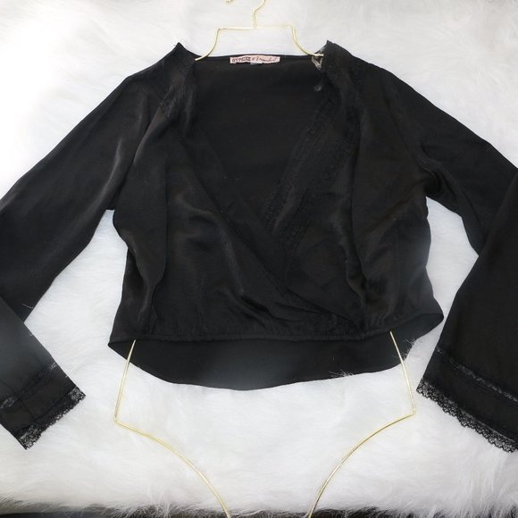 Gypsies & Moondust Black Wrap Crop Top with Lace Trim - Picture 1 of 9